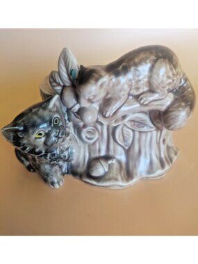Vintage Hand Painted Majolica Planter Cat & Squirrel 1950's